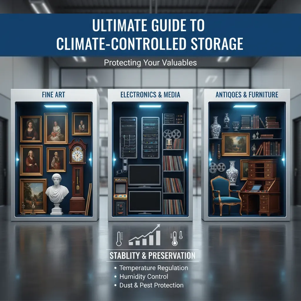 Infographic lists art, electronics, and antiques as valuables recommended for storage in climate-controlled units.