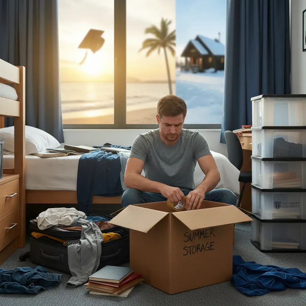 A stressed student packs boxes and a suitcase in a messy dorm room, illustrating the need for better storage solutions.