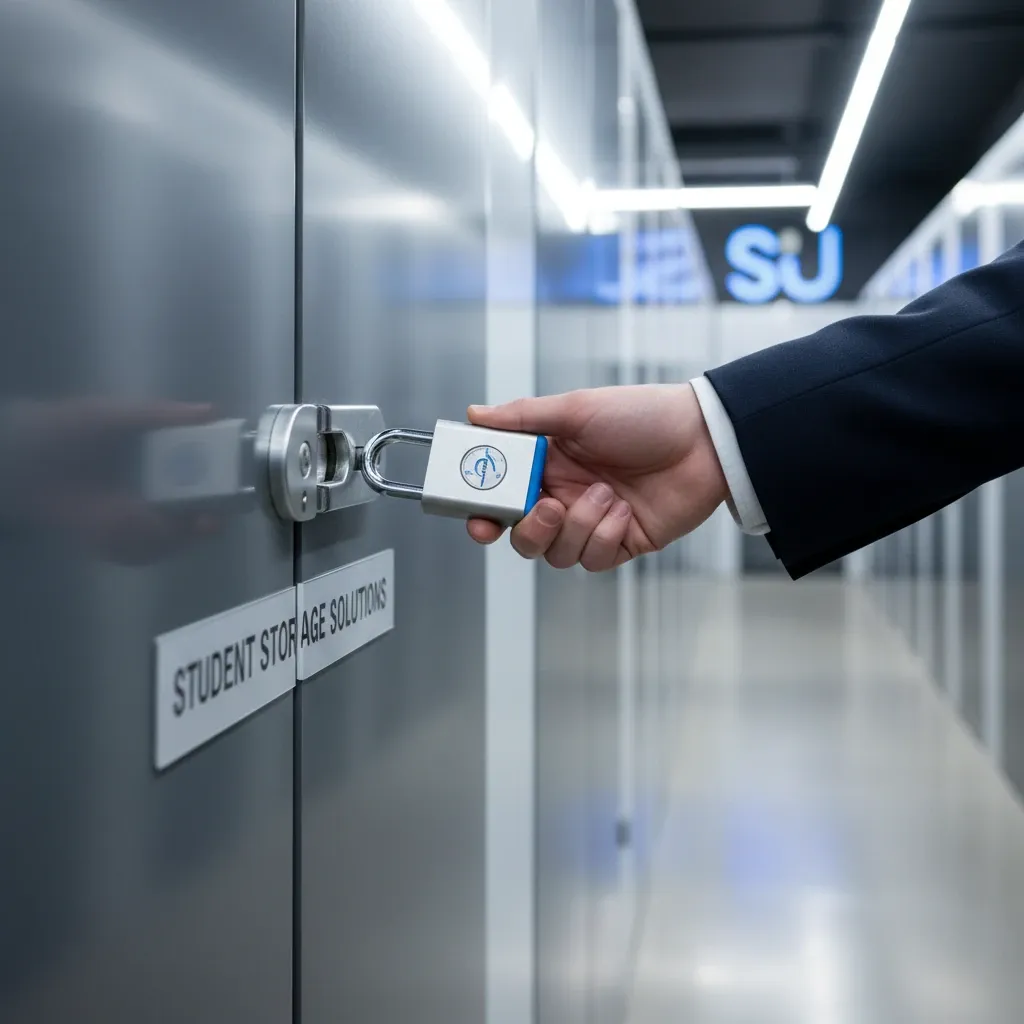 A person's hand secures a silver padlock onto a metal storage unit door to ensure safe and professional student storage.