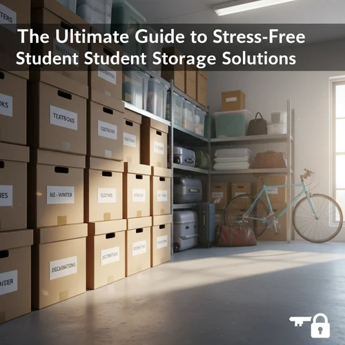 A bright, organized storage unit with neatly labeled boxes and a bicycle, reflecting stress-free student storage solutions.
